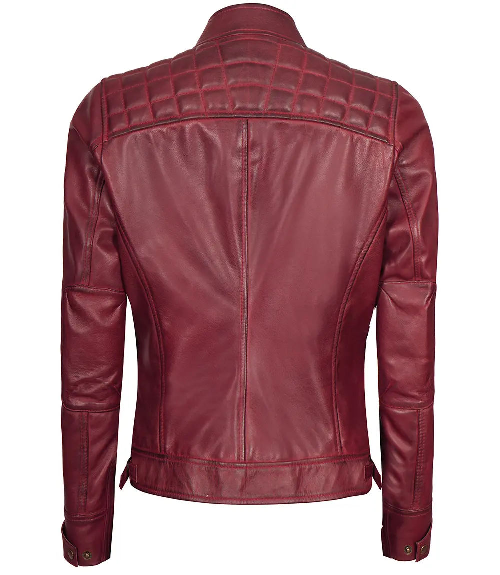 Johnson Women's Maroon Quilted Cafe Racer Genuine Leather Jacket