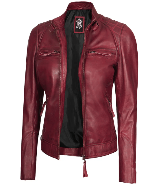 Johnson Women's Maroon Quilted Cafe Racer Genuine Leather Jacket