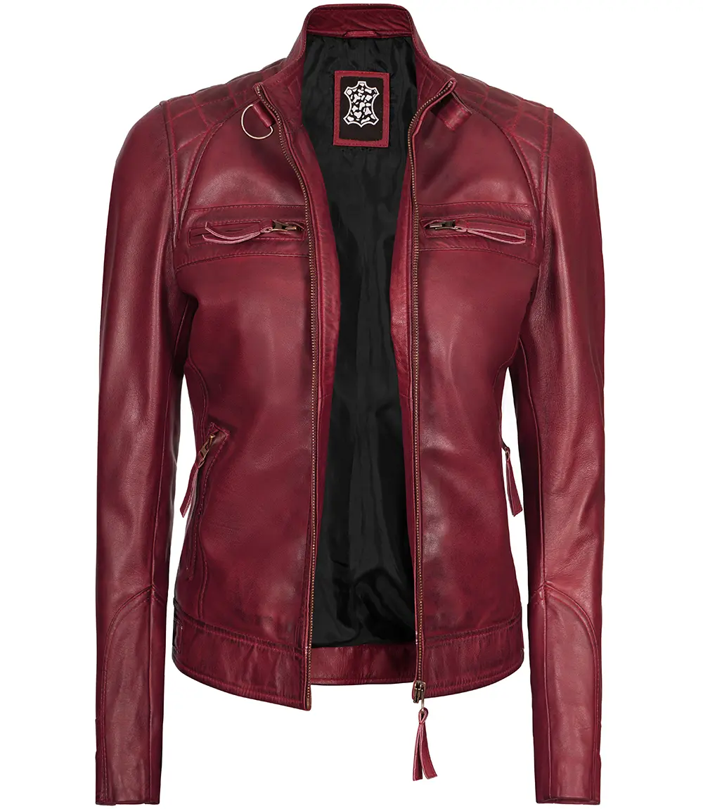 Johnson Women's Maroon Quilted Cafe Racer Genuine Leather Jacket