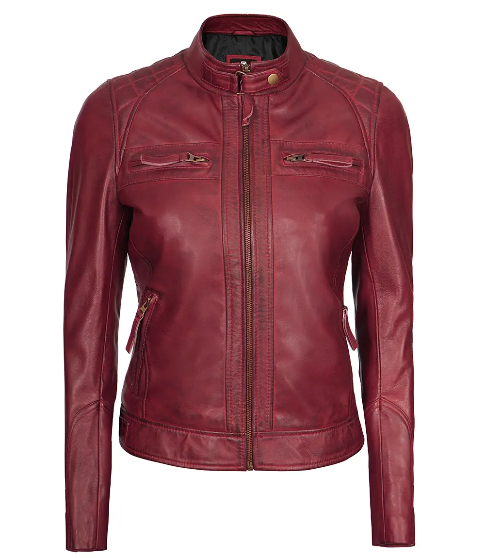 Johnson Women's Maroon Quilted Cafe Racer Genuine Leather Jacket