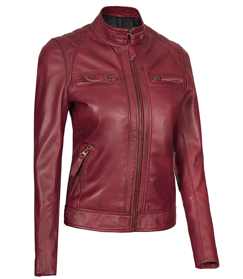 Johnson Women's Maroon Quilted Cafe Racer Genuine Leather Jacket