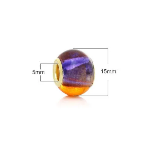 Large Hole Glass Beads, Purple, Orange, Two-Tone, Gold Plated Core, Rondelle, 15x12mm