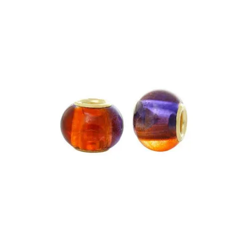 Large Hole Glass Beads, Purple, Orange, Two-Tone, Gold Plated Core, Rondelle, 15x12mm