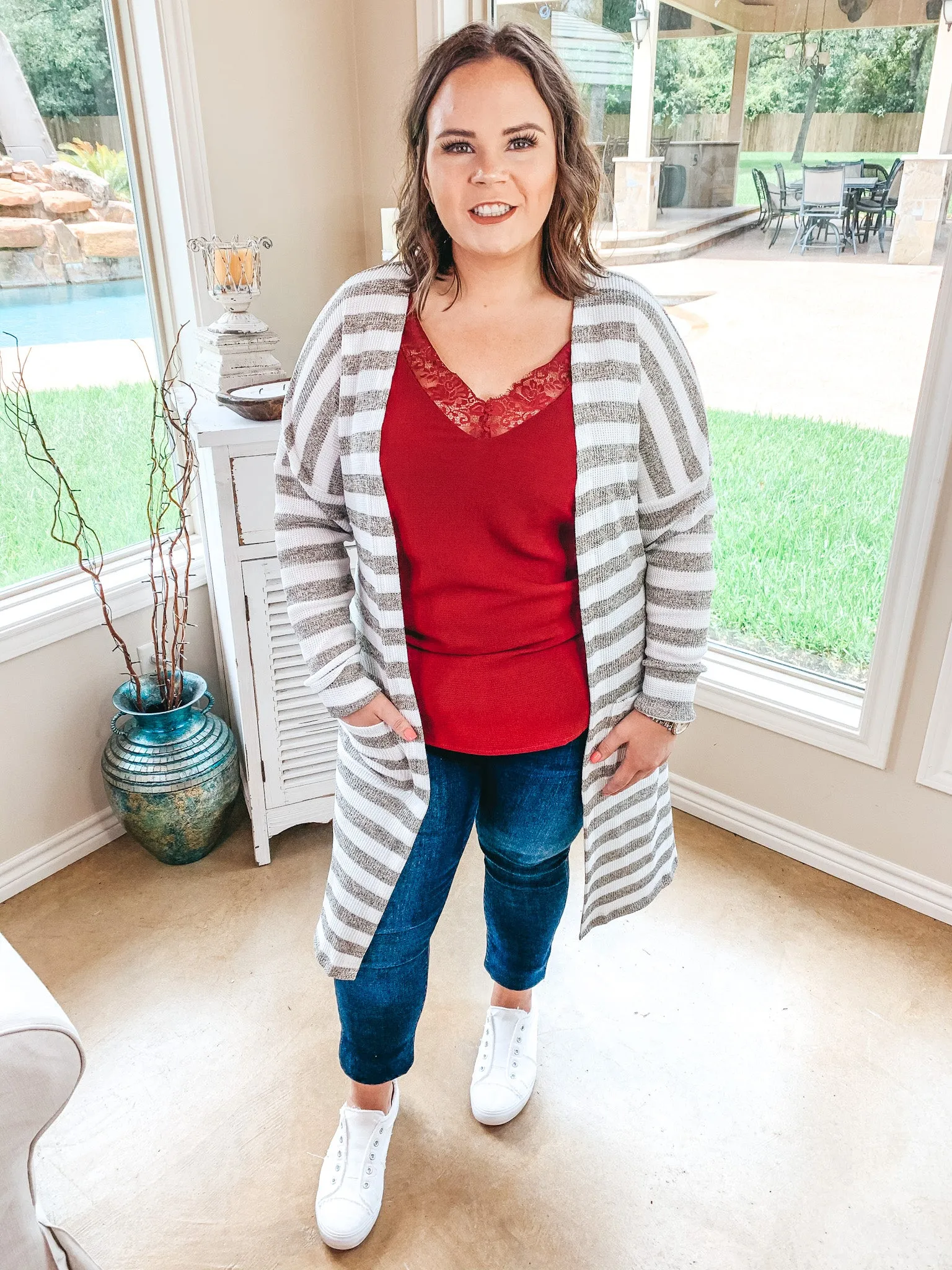 Last Chance Size Large | Trusting This Striped Cardigan with Pockets in Beige and Ivory