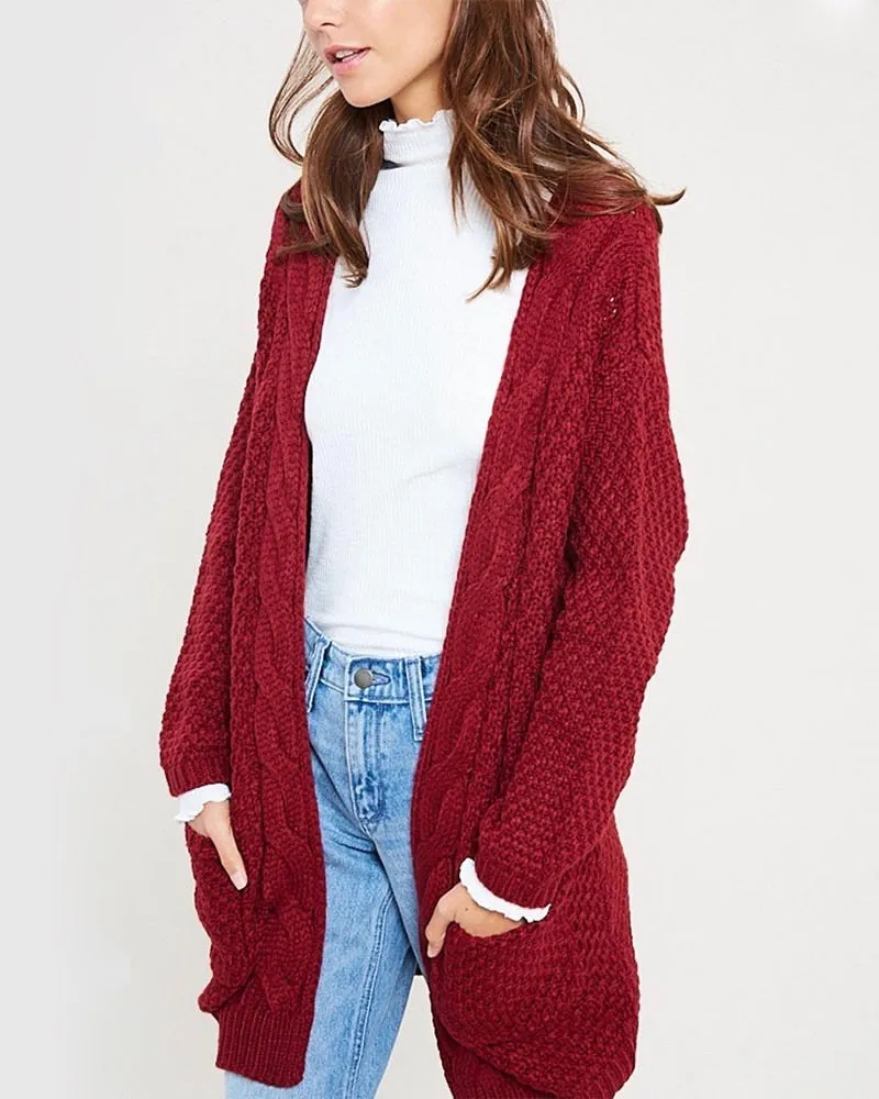 Late at Night Open Front Cable Knit Cardigan Sweater - More Colors