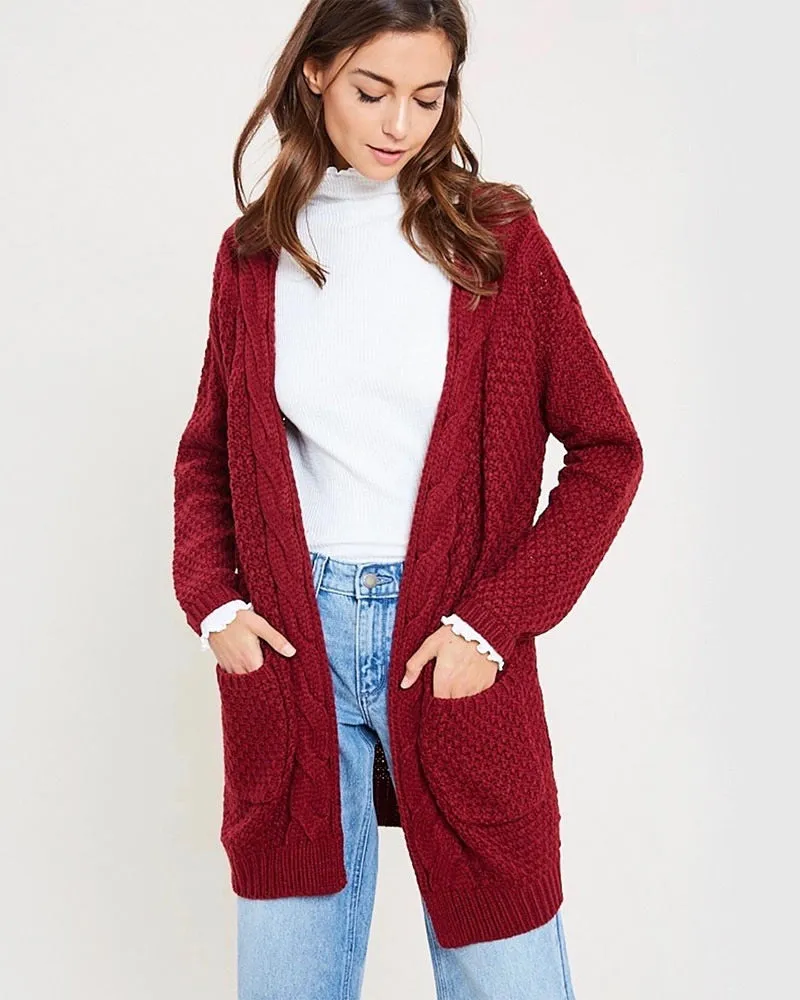 Late at Night Open Front Cable Knit Cardigan Sweater - More Colors