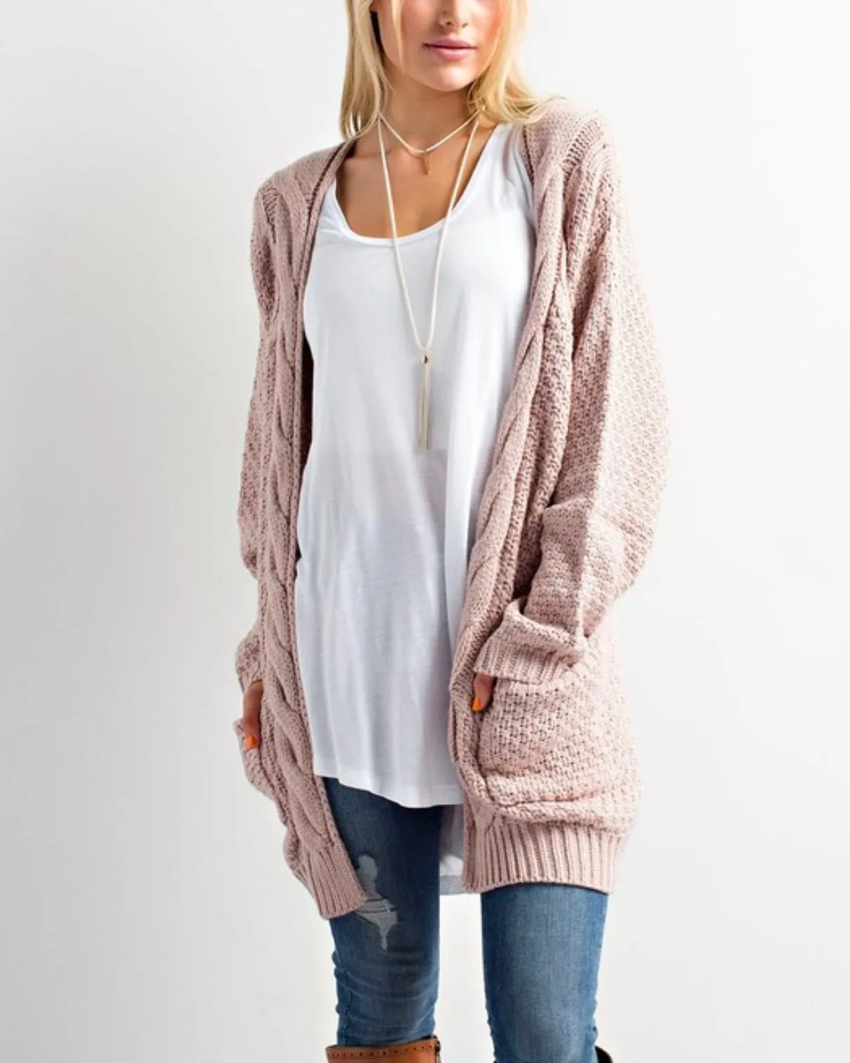 Late at Night Open Front Cable Knit Cardigan Sweater - More Colors