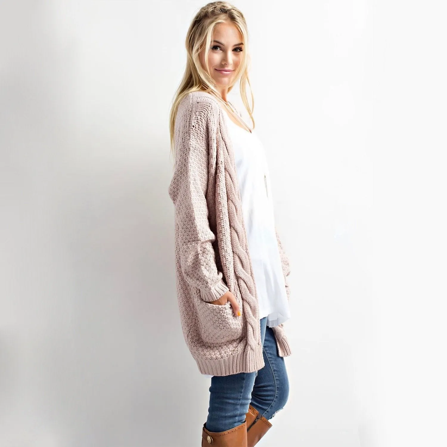 Late at Night Open Front Cable Knit Cardigan Sweater - More Colors