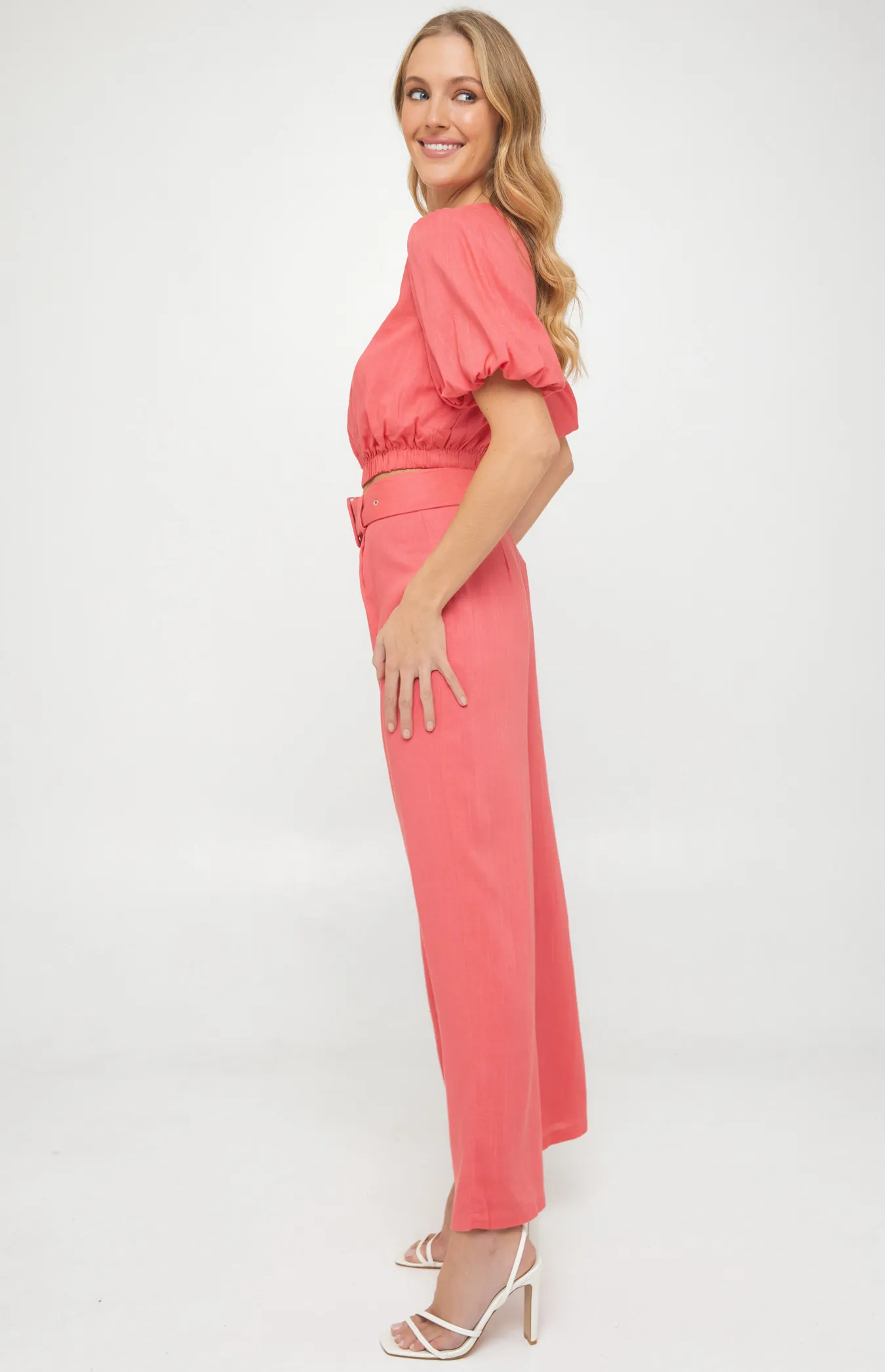 Linen Blend Set with Top and Pants with Self Fabric Buckle (SSE413A)