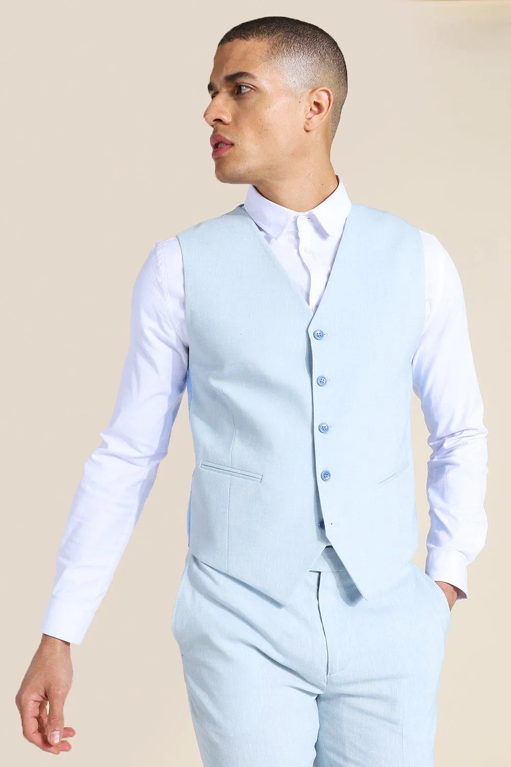 Linen Single Breast Waistcoat | boohooMAN UK