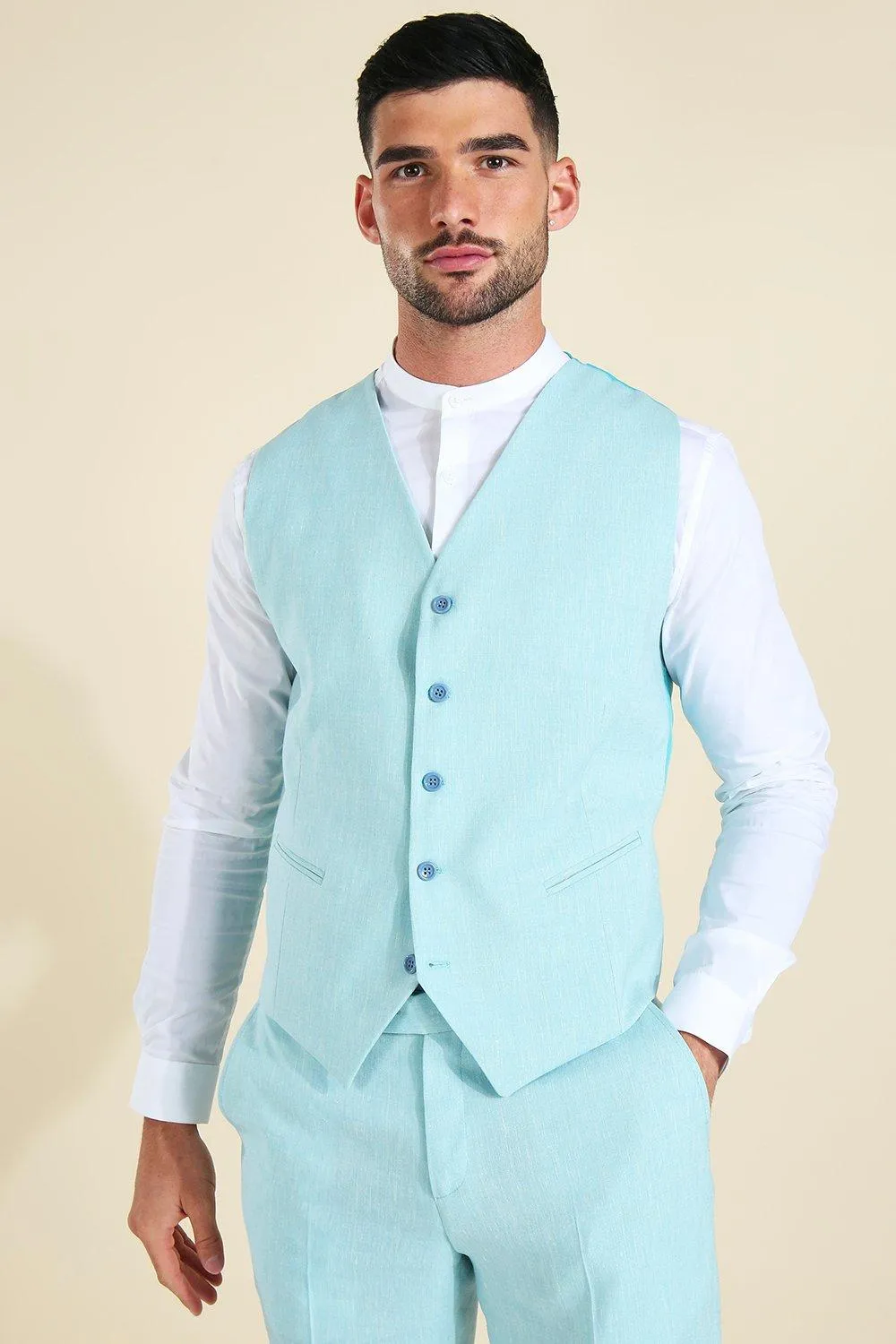 Linen Slim Single Breast Waistcoat | boohooMAN UK