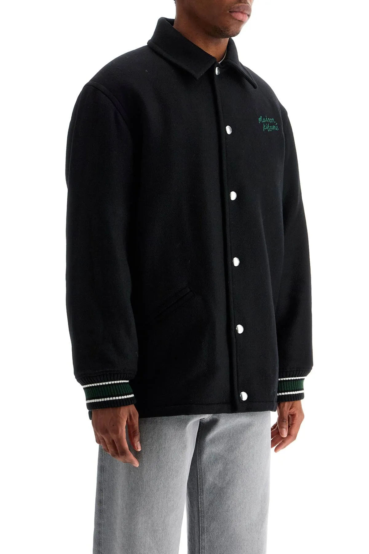 Maison Kitsune Black Wool Varsity Jacket With Embroidery