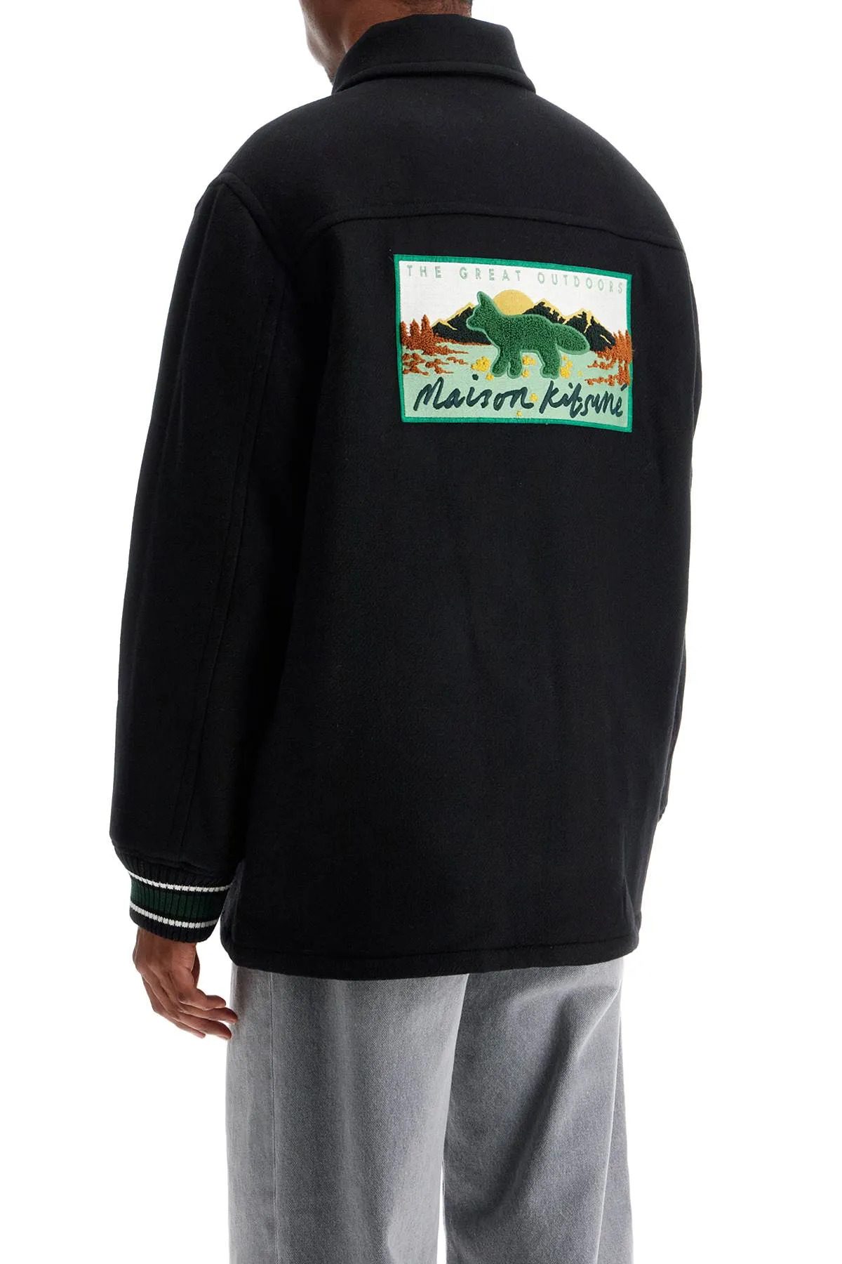 Maison Kitsune Black Wool Varsity Jacket With Embroidery