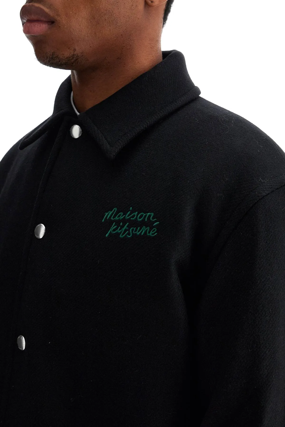 Maison Kitsune Black Wool Varsity Jacket With Embroidery