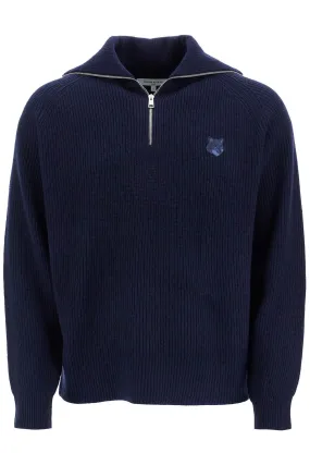 Maison Kitsune Ink Blue Wool Sweater With Fox Head Patch And Half Zip