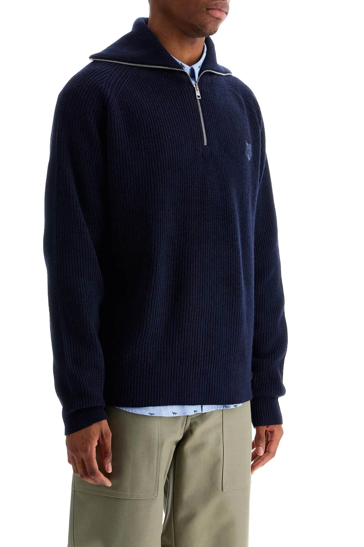 Maison Kitsune Ink Blue Wool Sweater With Fox Head Patch And Half Zip