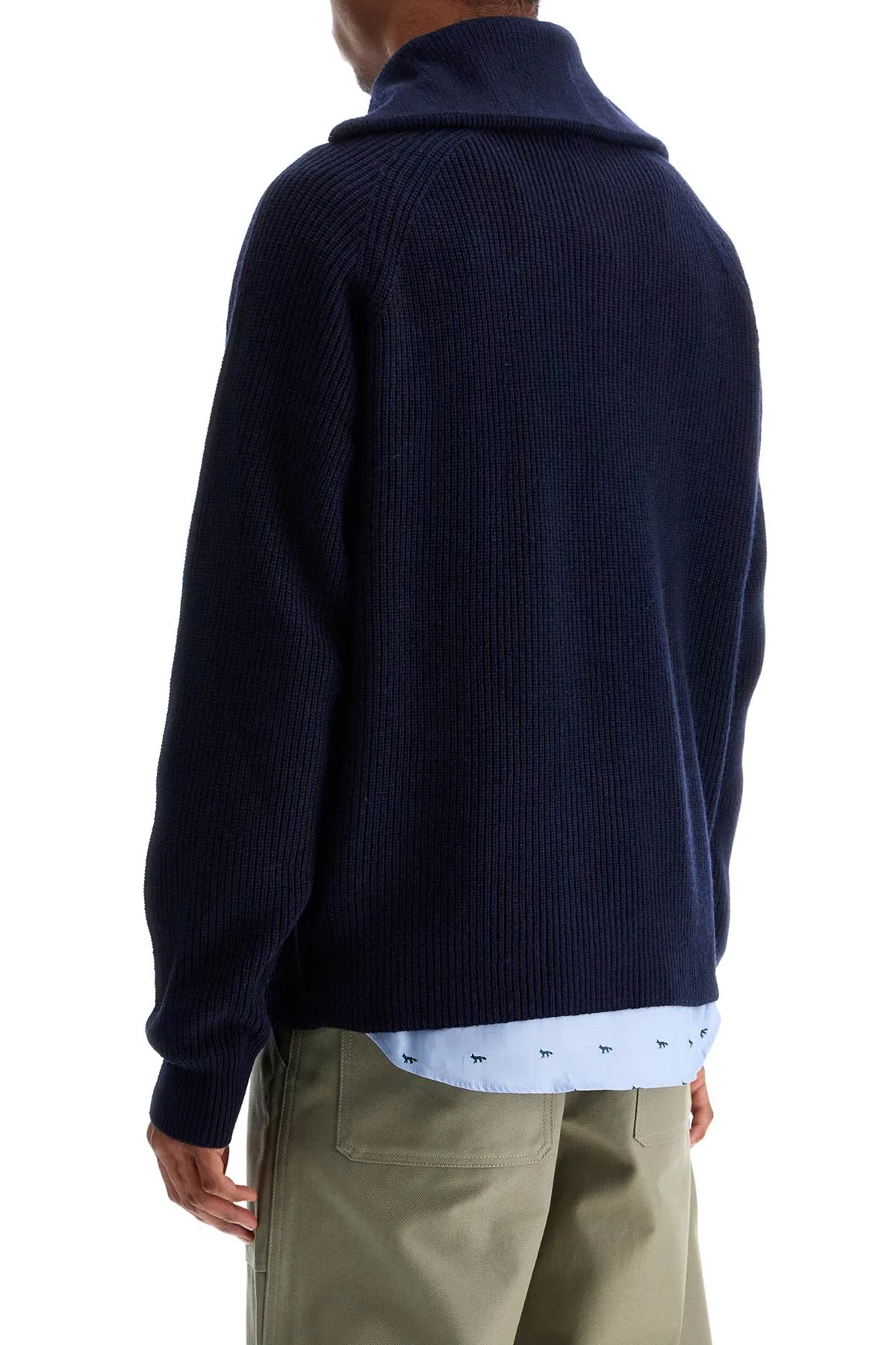 Maison Kitsune Ink Blue Wool Sweater With Fox Head Patch And Half Zip