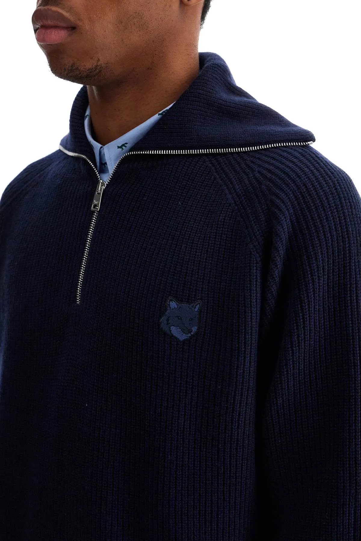 Maison Kitsune Ink Blue Wool Sweater With Fox Head Patch And Half Zip