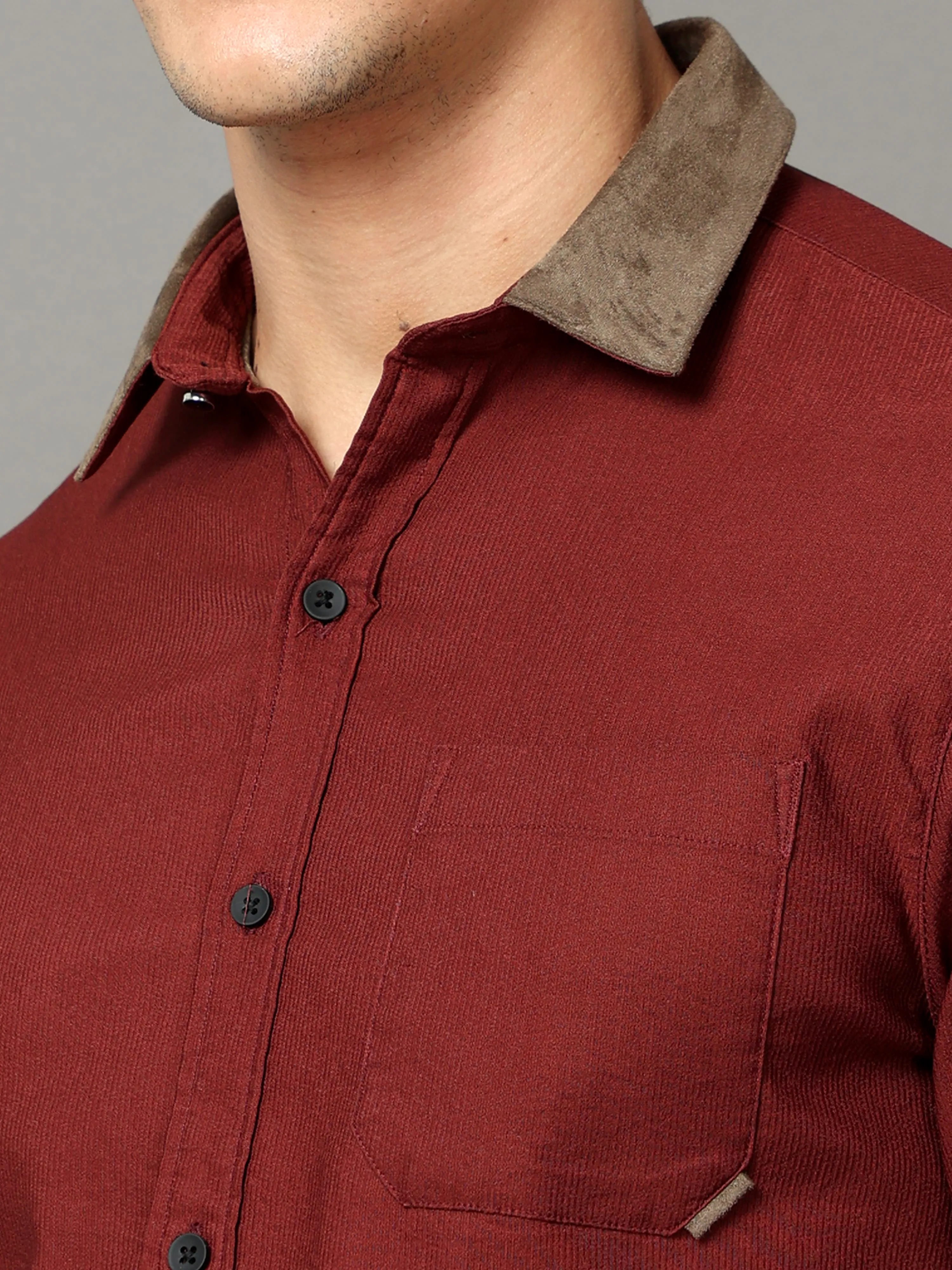 maroon cotton self stripe corduroy with leather constrast shirt