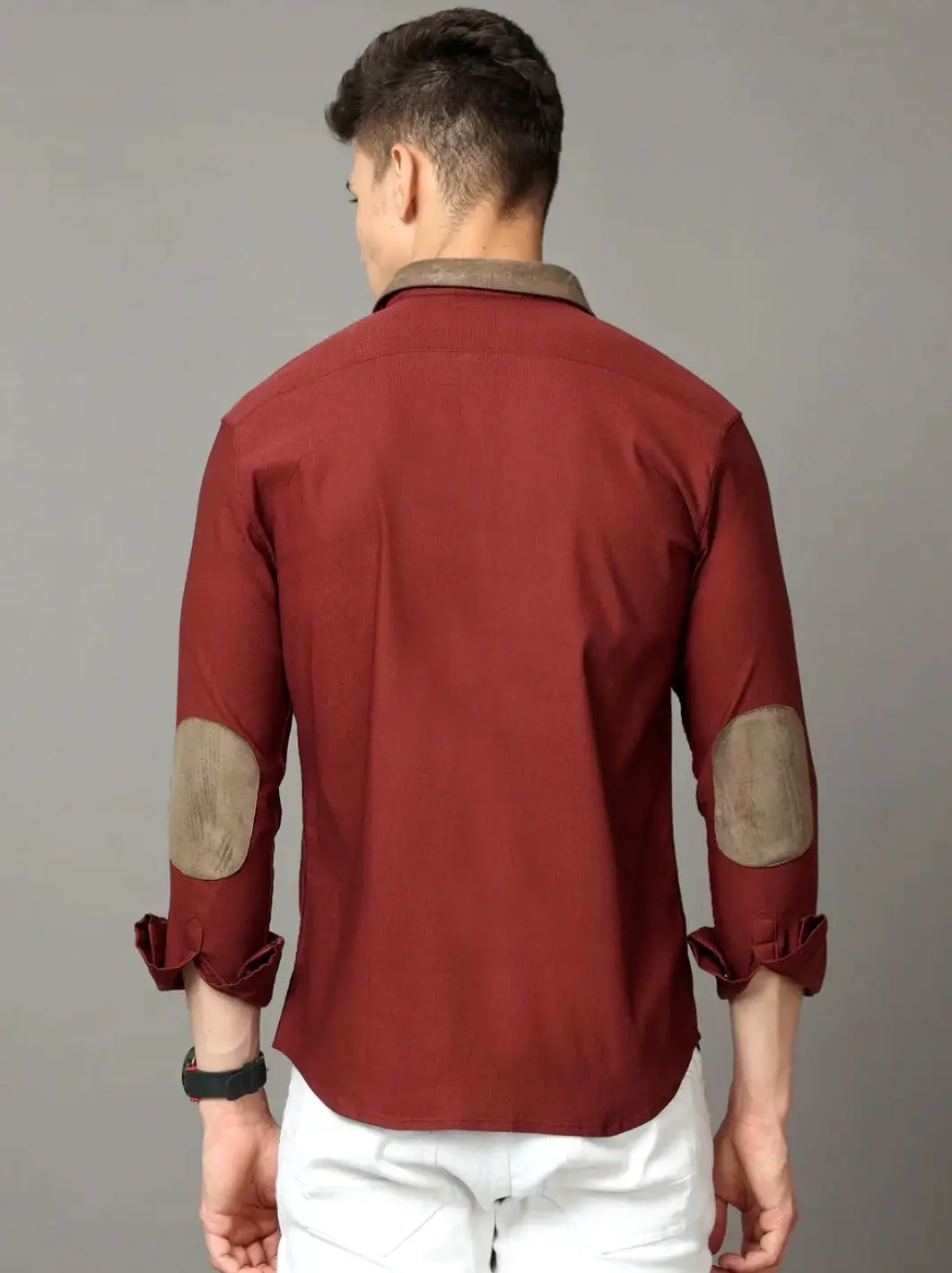 maroon cotton self stripe corduroy with leather constrast shirt