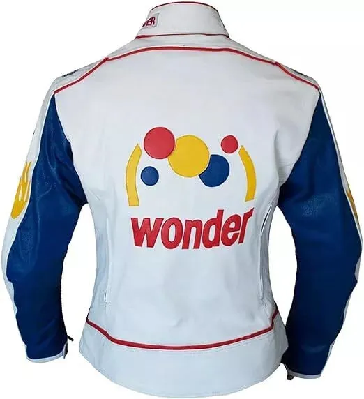 Mens Talladega Nights Ricky Bobby Wonder White Biker Faux Leather Jacket