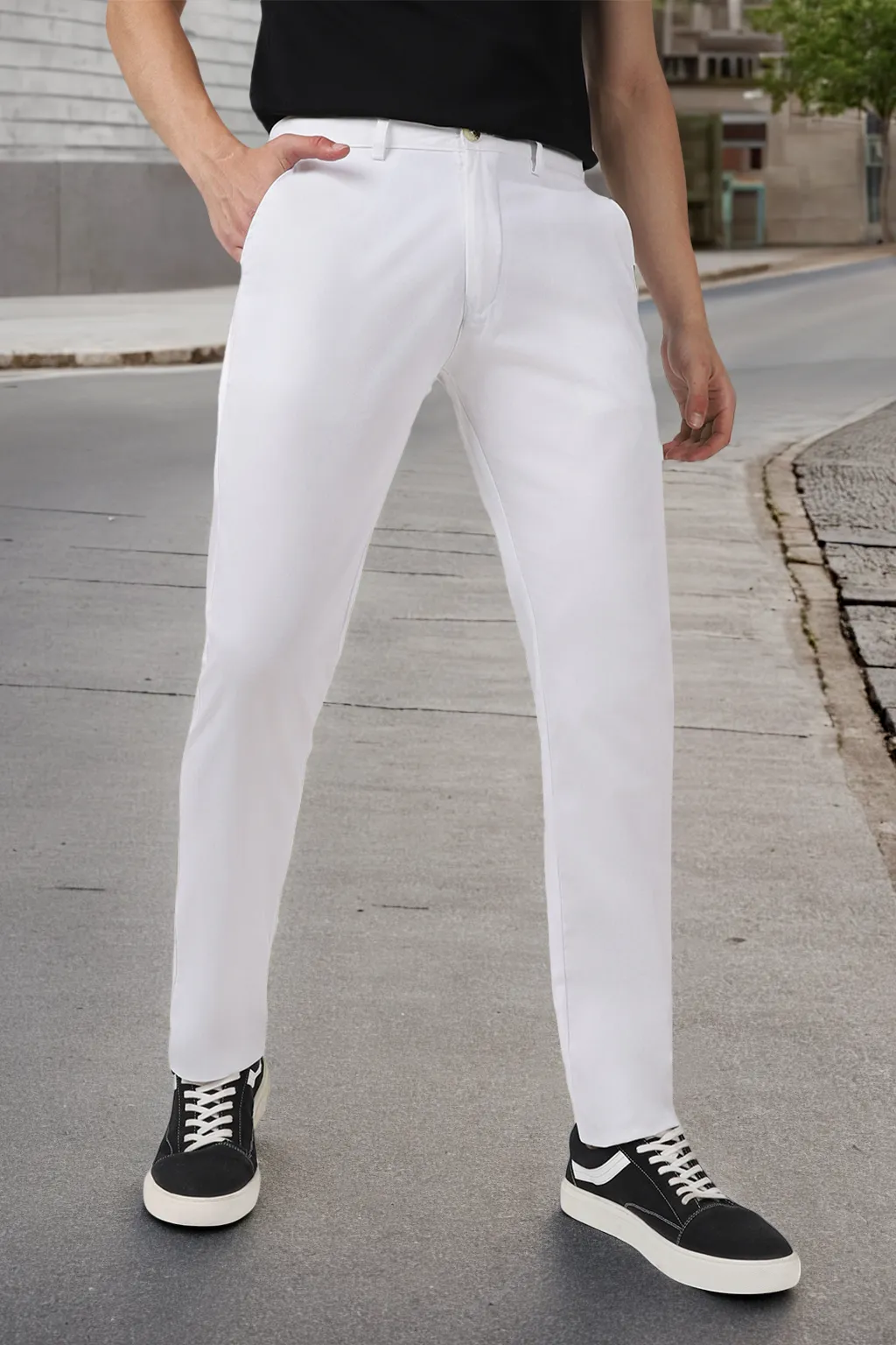 Men's White Cotton Slim Fit Casual Chinos Trousers