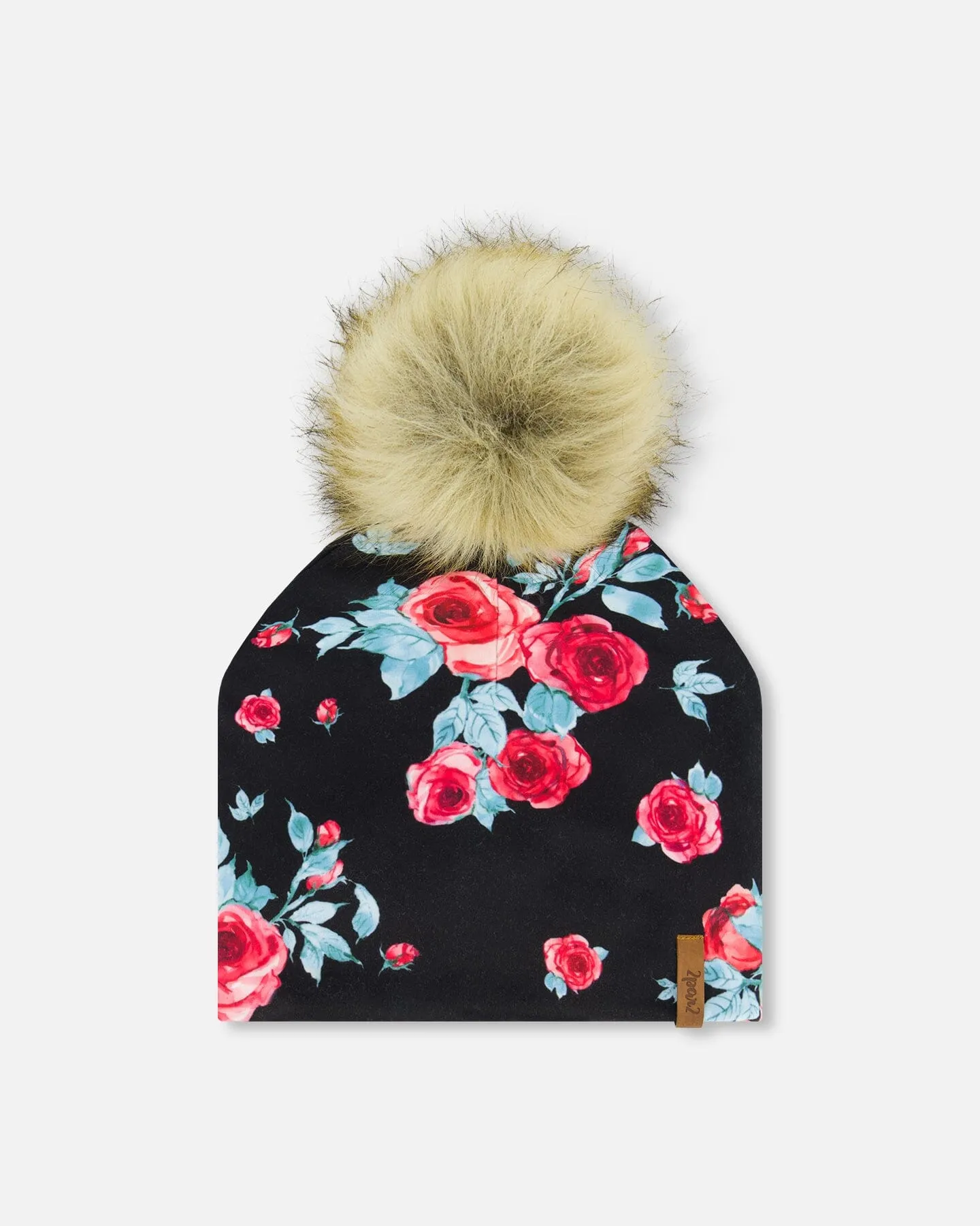 Mid-Season Jersey Detachable Pompom Hat Black Printed Roses