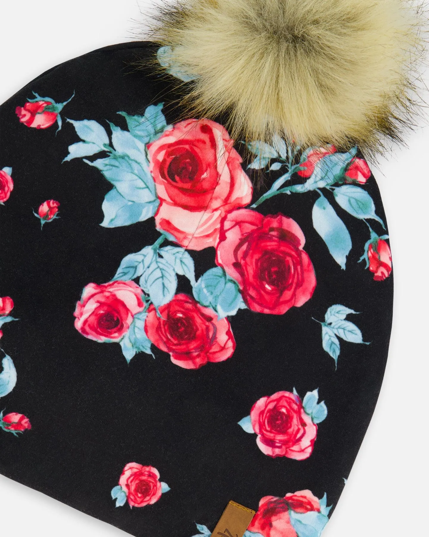 Mid-Season Jersey Detachable Pompom Hat Black Printed Roses