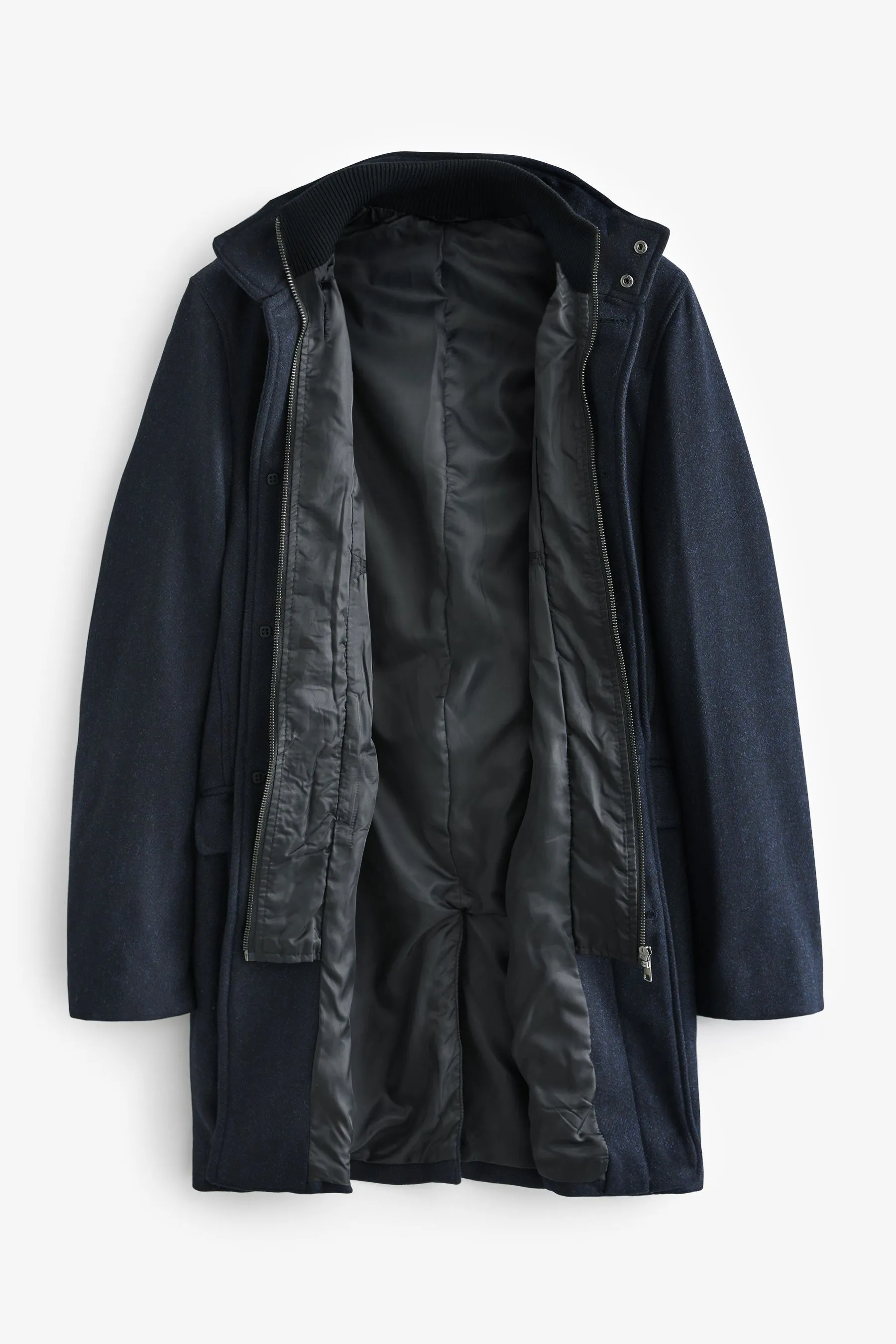 Navy Herringbone Wool Blend Mock Gilet Herringbone Padded Coat