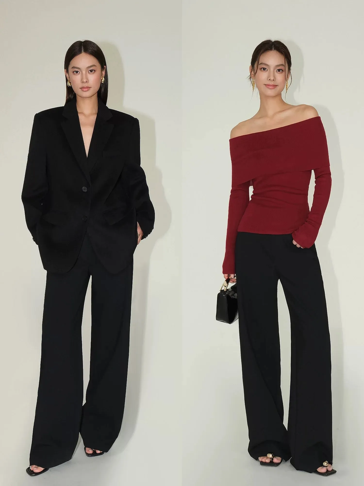 NEVA HU black high-waisted straight suit pants for women, drapey, high-end, versatile wide-leg pants, casual floor-length trouse