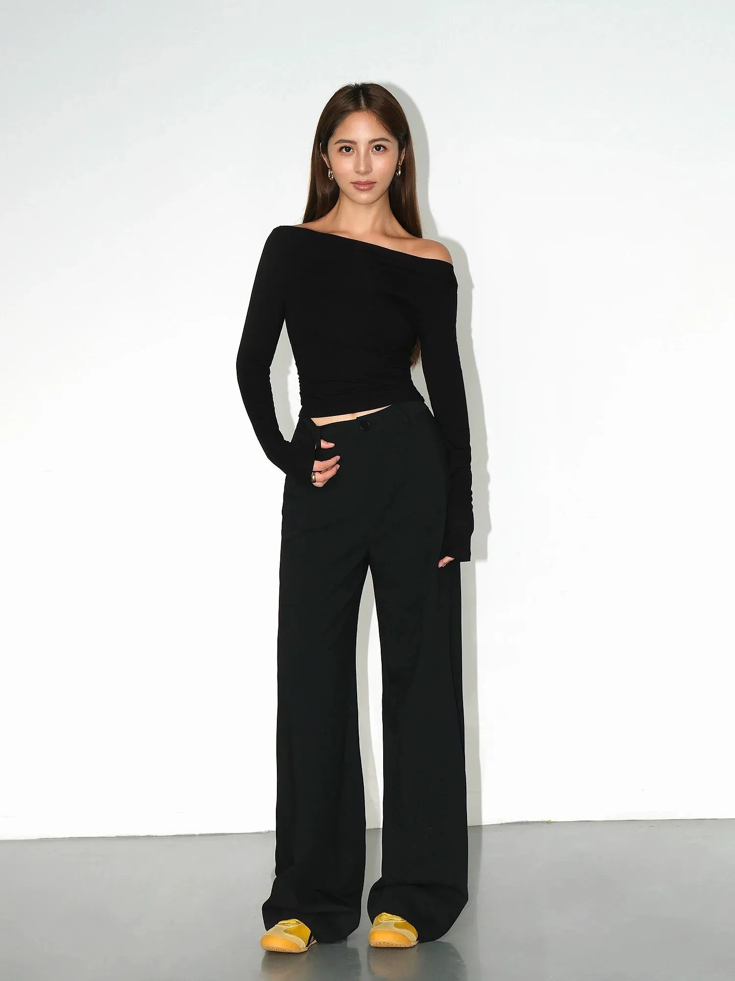 NEVA HU black high-waisted straight suit pants for women, drapey, high-end, versatile wide-leg pants, casual floor-length trouse