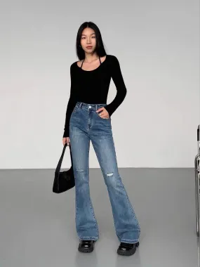 NEVA HU blue micro-flared jeans for women 2024 new high-waist slim loose casual straight pants trousers