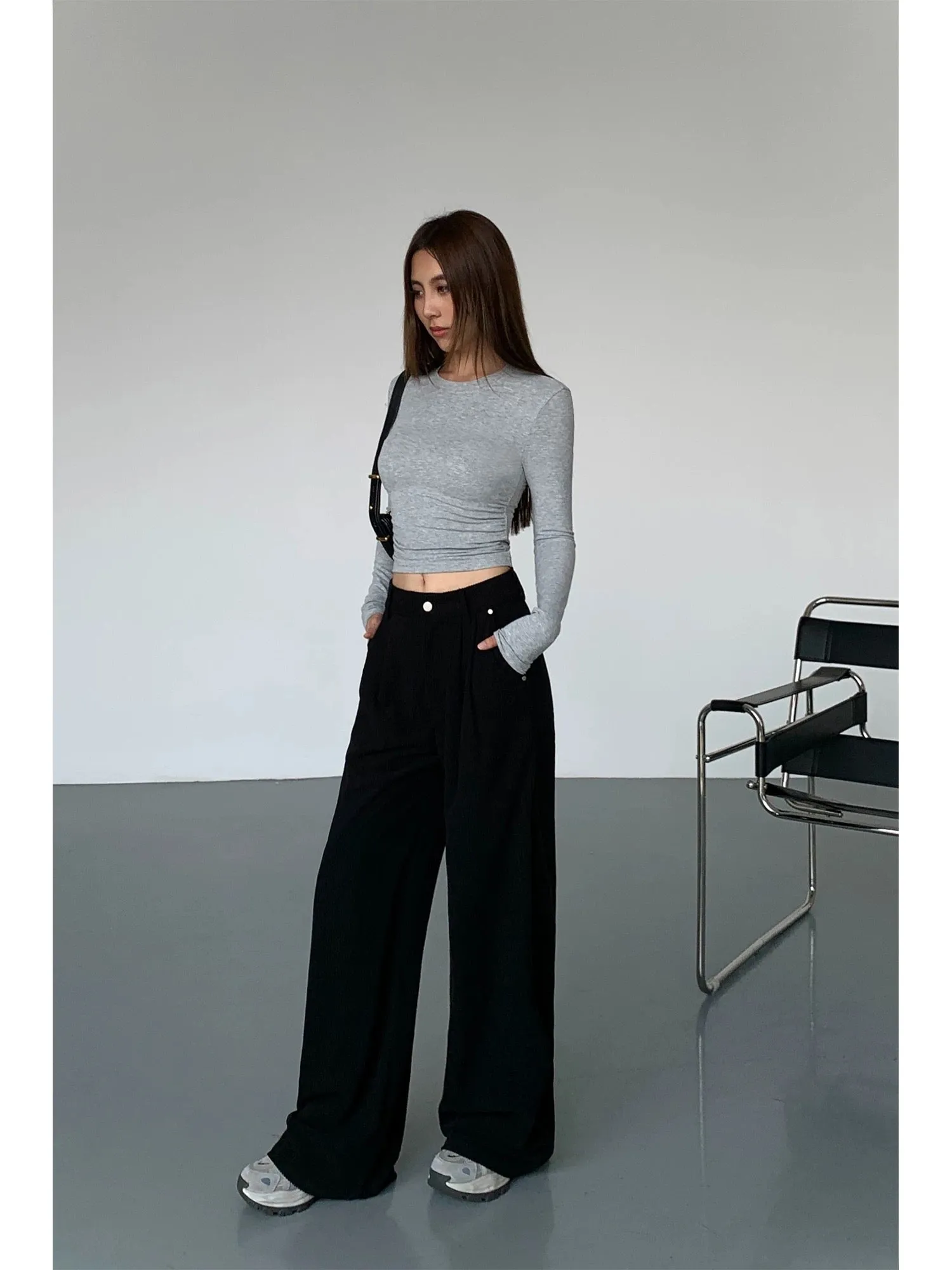 NEVA HU corduroy casual wide-leg pants for women 2024 new Korean style high-waisted loose slim straight trousers