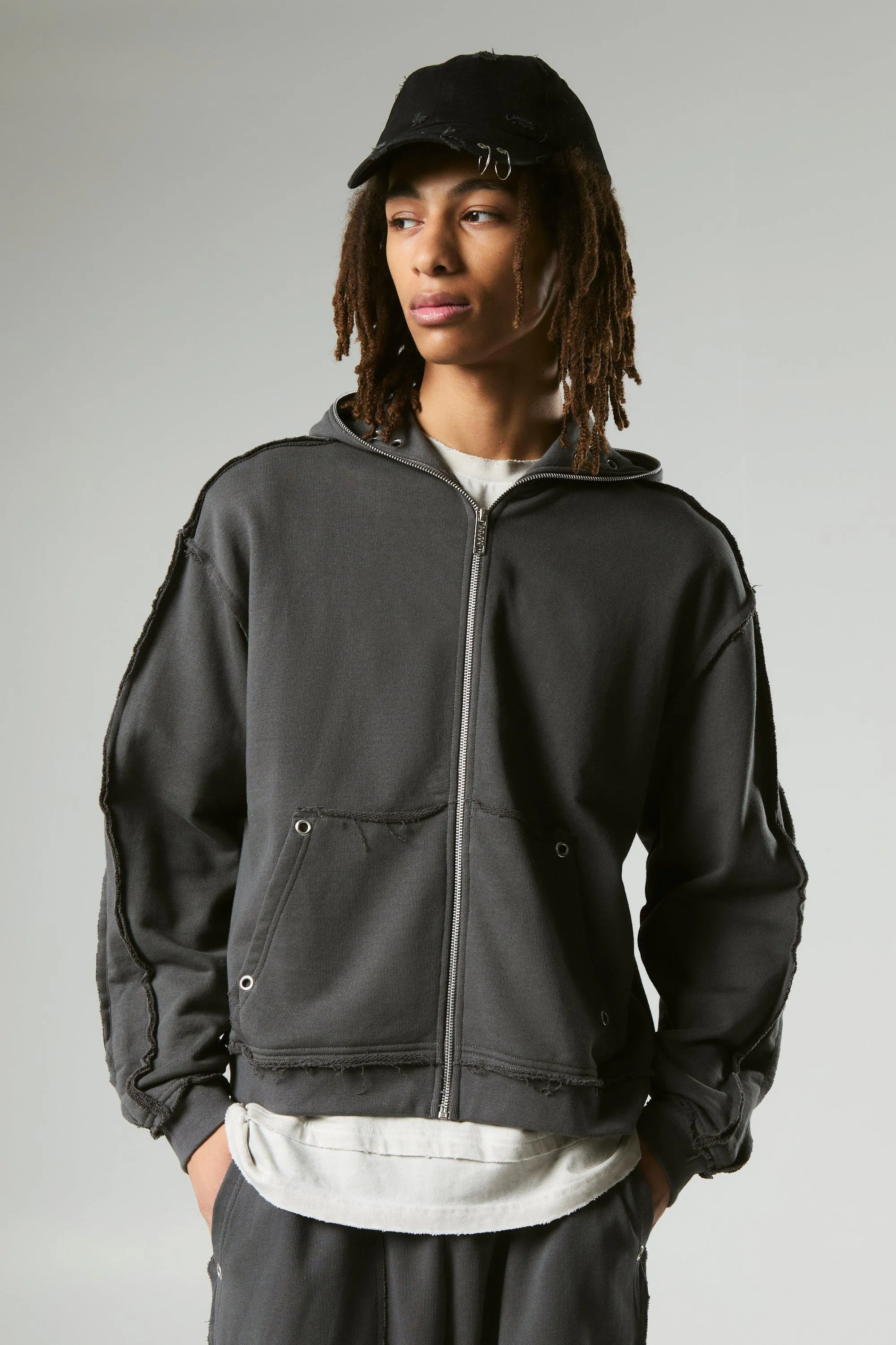 Oversized Boxy Eyelet Zip Through Loopback Hoodie