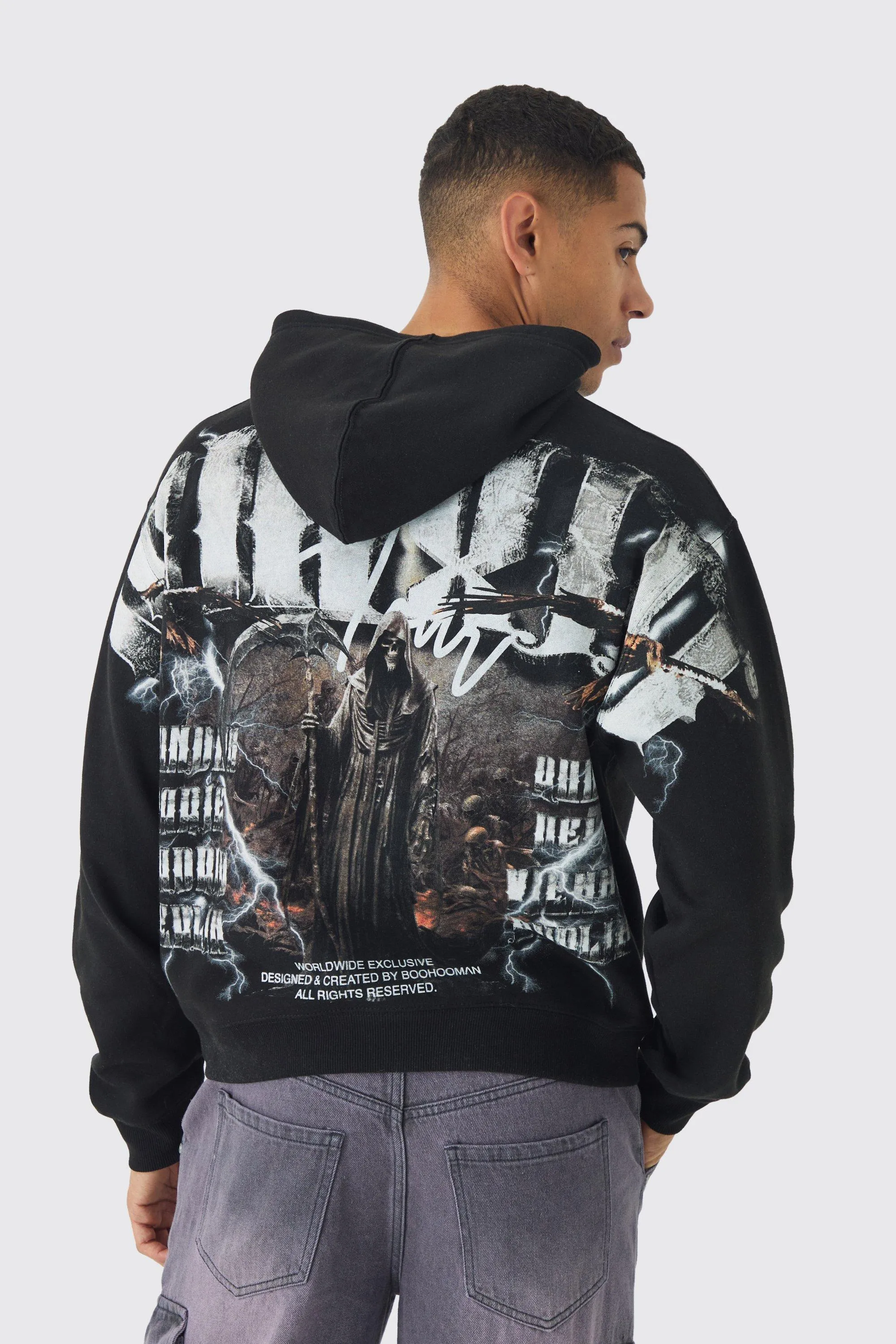 Oversized Boxy Over The Seams Gothic Back Graphic Hoodie