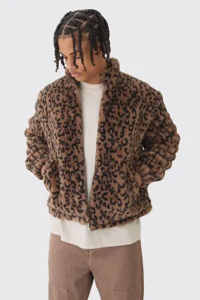 Oversized Faux Fur Leopard Collared Harrington Jacket In Brown