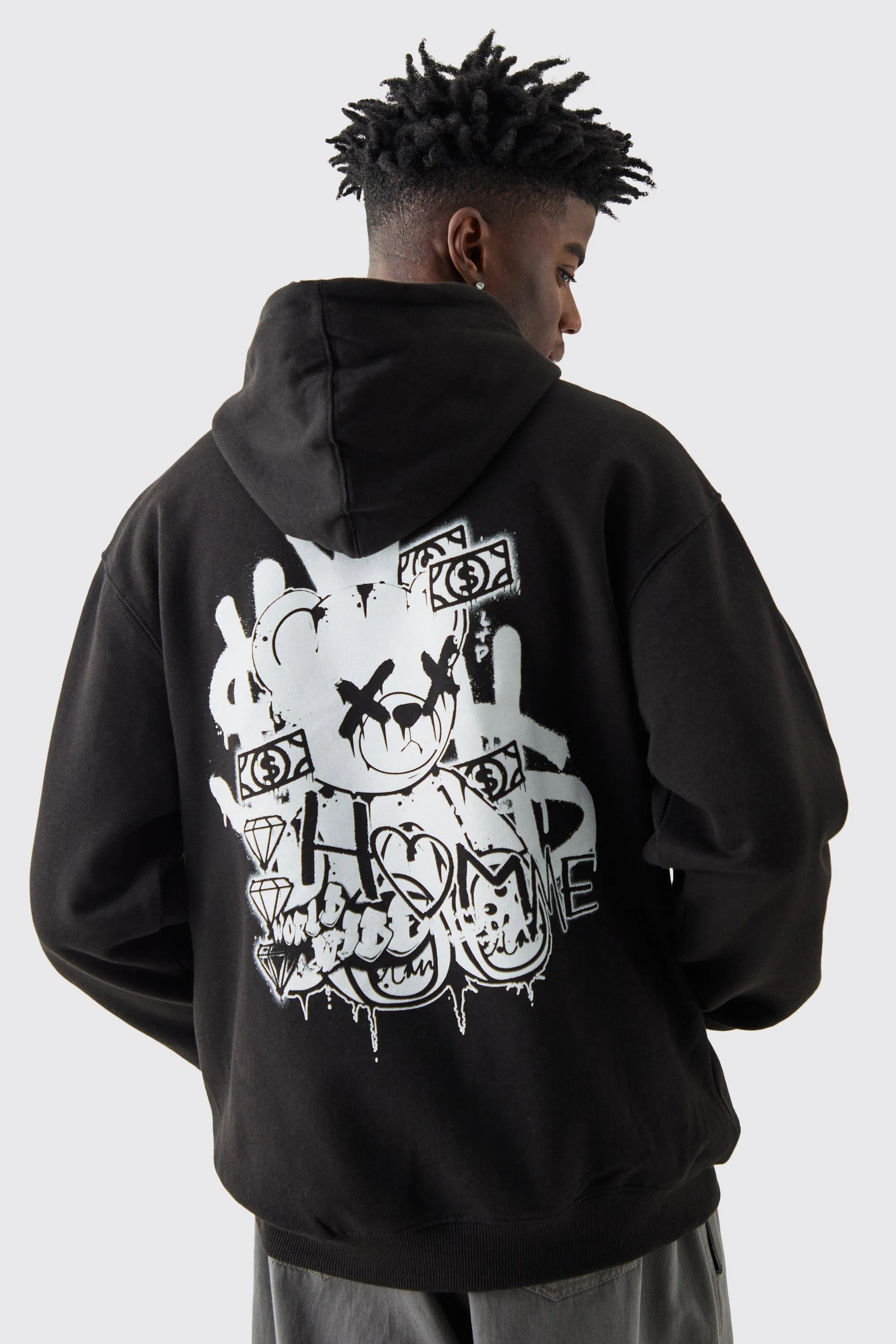 Oversized Teddy Graffiti Graphic Hoodie | boohooMAN UK