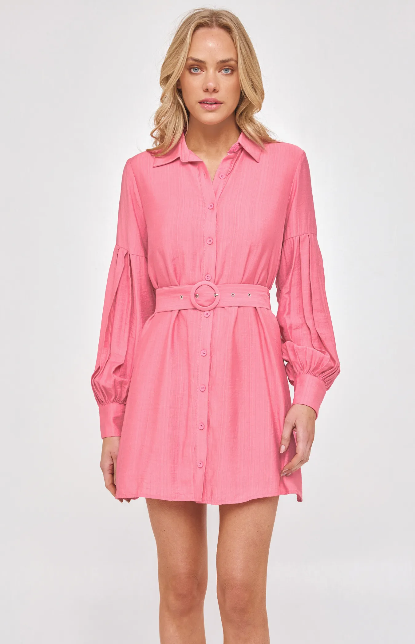 Pleated Bubble Sleeve Shirt Dress and Self Fabric Buckle (WDR488B) 