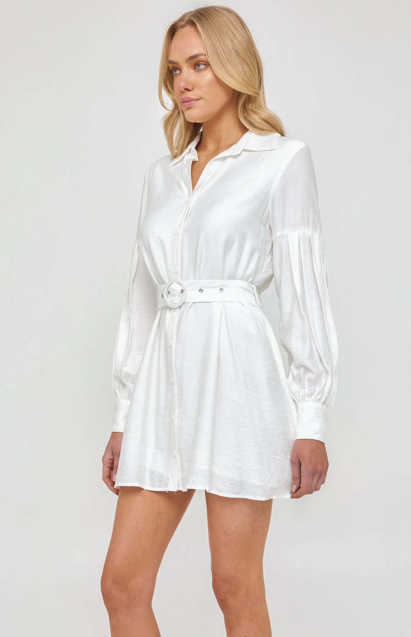 Pleated Bubble Sleeve Shirt Dress and Self Fabric Buckle (WDR488B) 