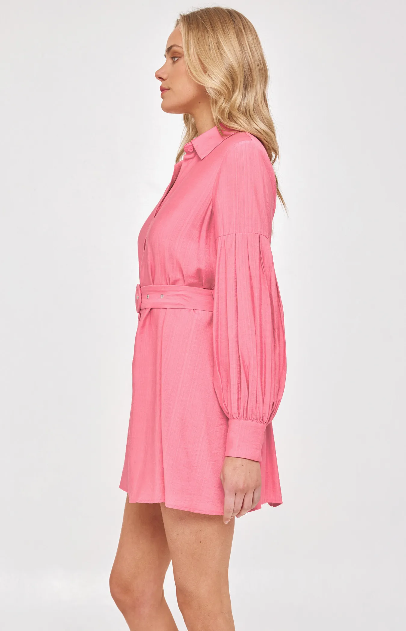 Pleated Bubble Sleeve Shirt Dress and Self Fabric Buckle (WDR488B) 