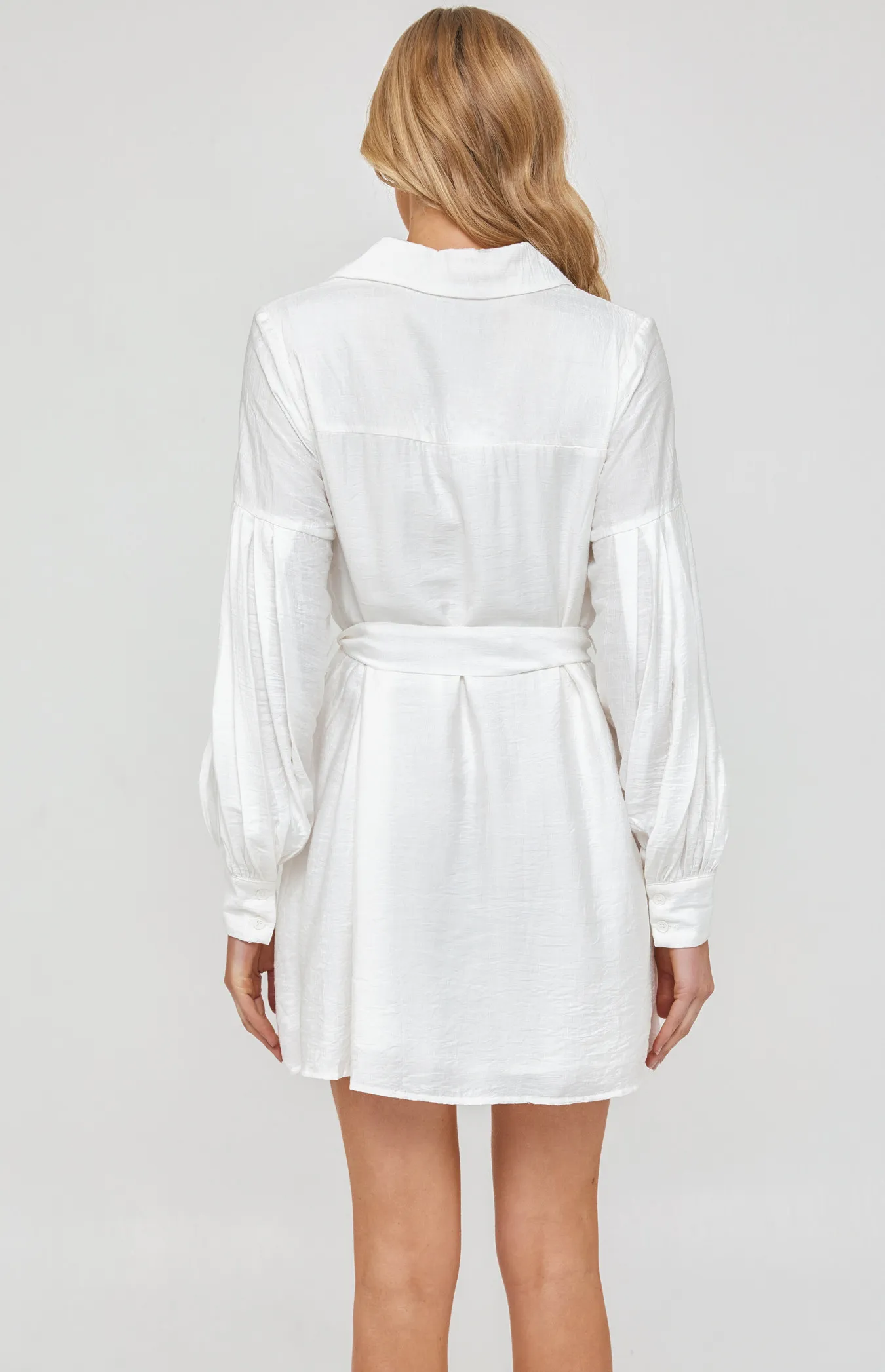 Pleated Bubble Sleeve Shirt Dress and Self Fabric Buckle (WDR488B) 