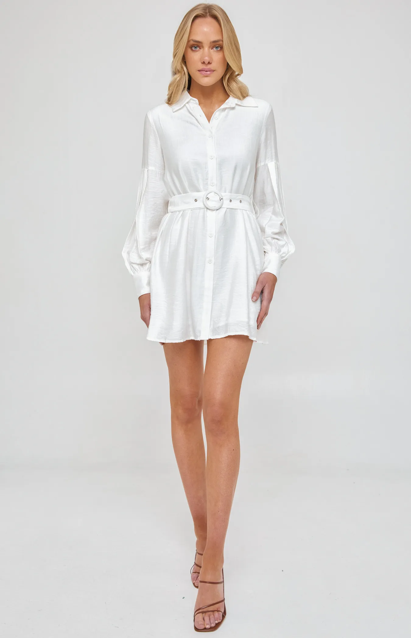 Pleated Bubble Sleeve Shirt Dress and Self Fabric Buckle (WDR488B) 