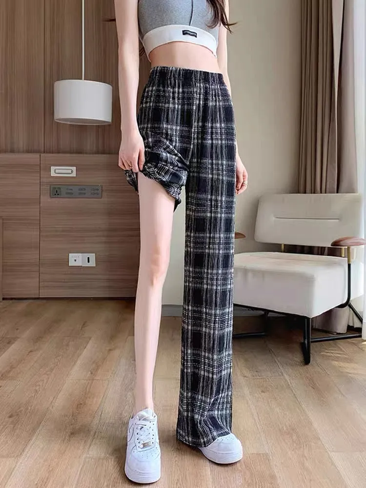 Pleated plaid trousers for women 2023 new autumn thin Korean style high-waisted straight loose slim casual wide-leg trousers (B3