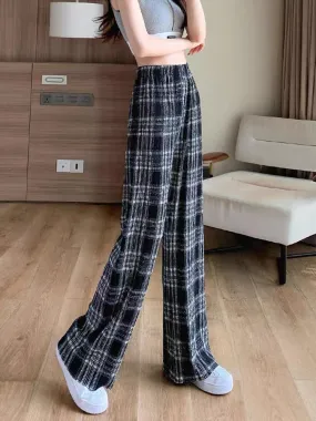 Pleated plaid trousers for women 2023 new autumn thin Korean style high-waisted straight loose slim casual wide-leg trousers (B3