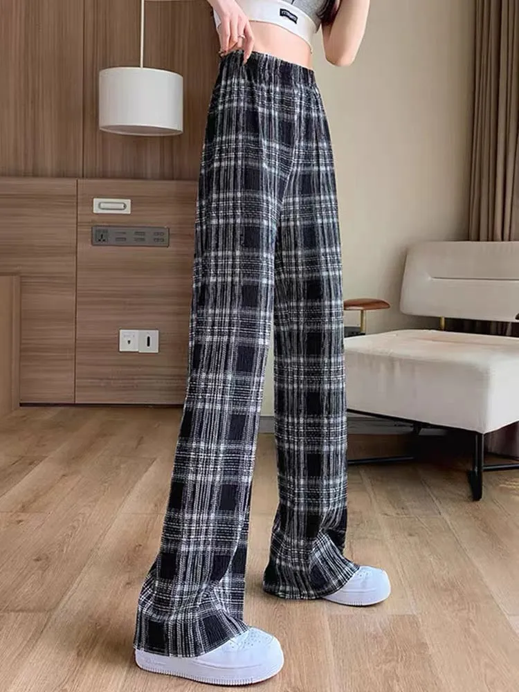 Pleated plaid trousers for women 2023 new autumn thin Korean style high-waisted straight loose slim casual wide-leg trousers (B3