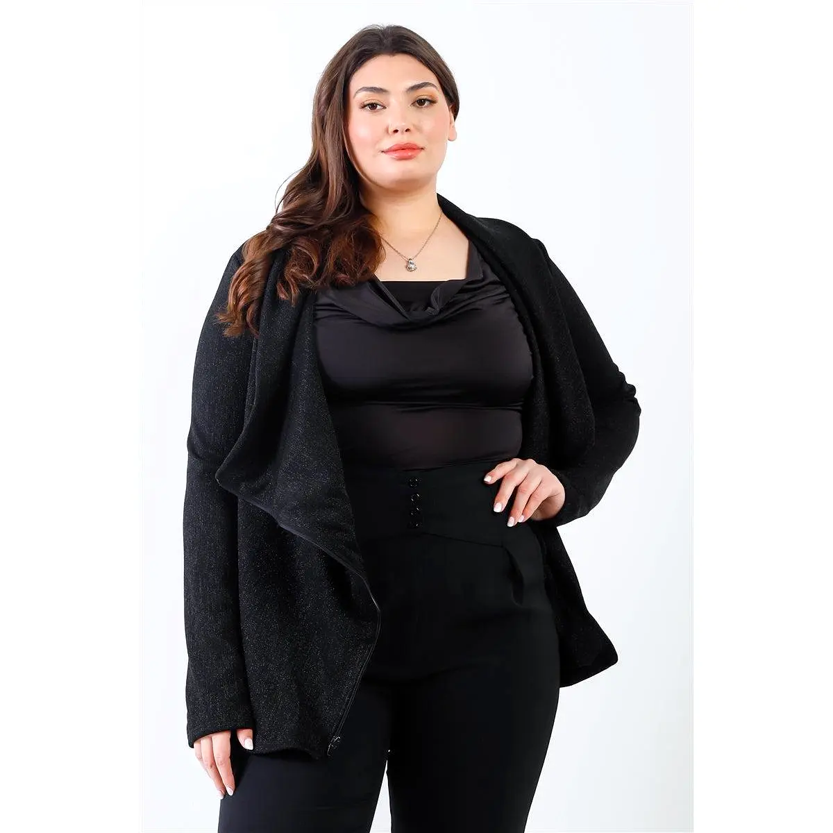 Plus Black Lurex Draped Collar Side Zip Up Lightweight Jacket