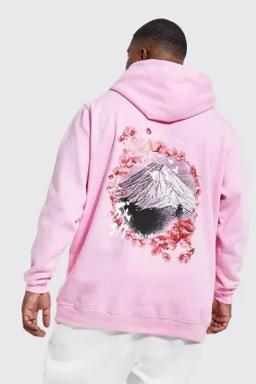 Plus Cherry Blossom Fuji Back Print Hoodie | boohooMAN UK