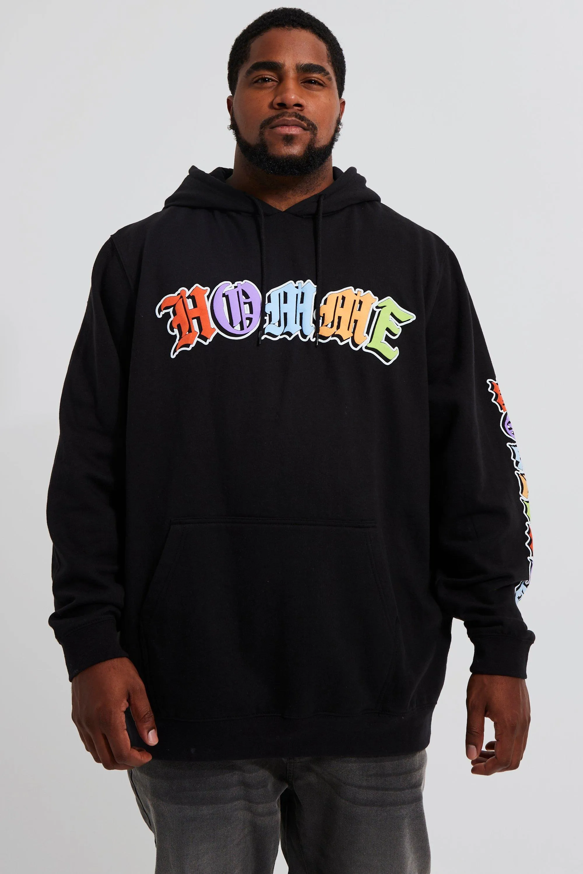 Plus Homme Puff Print Sleeve Hoodie | boohooMAN UK