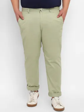 Plus Men's Green Cotton Light Weight Non-Stretch Regular Fit Casual Trousers