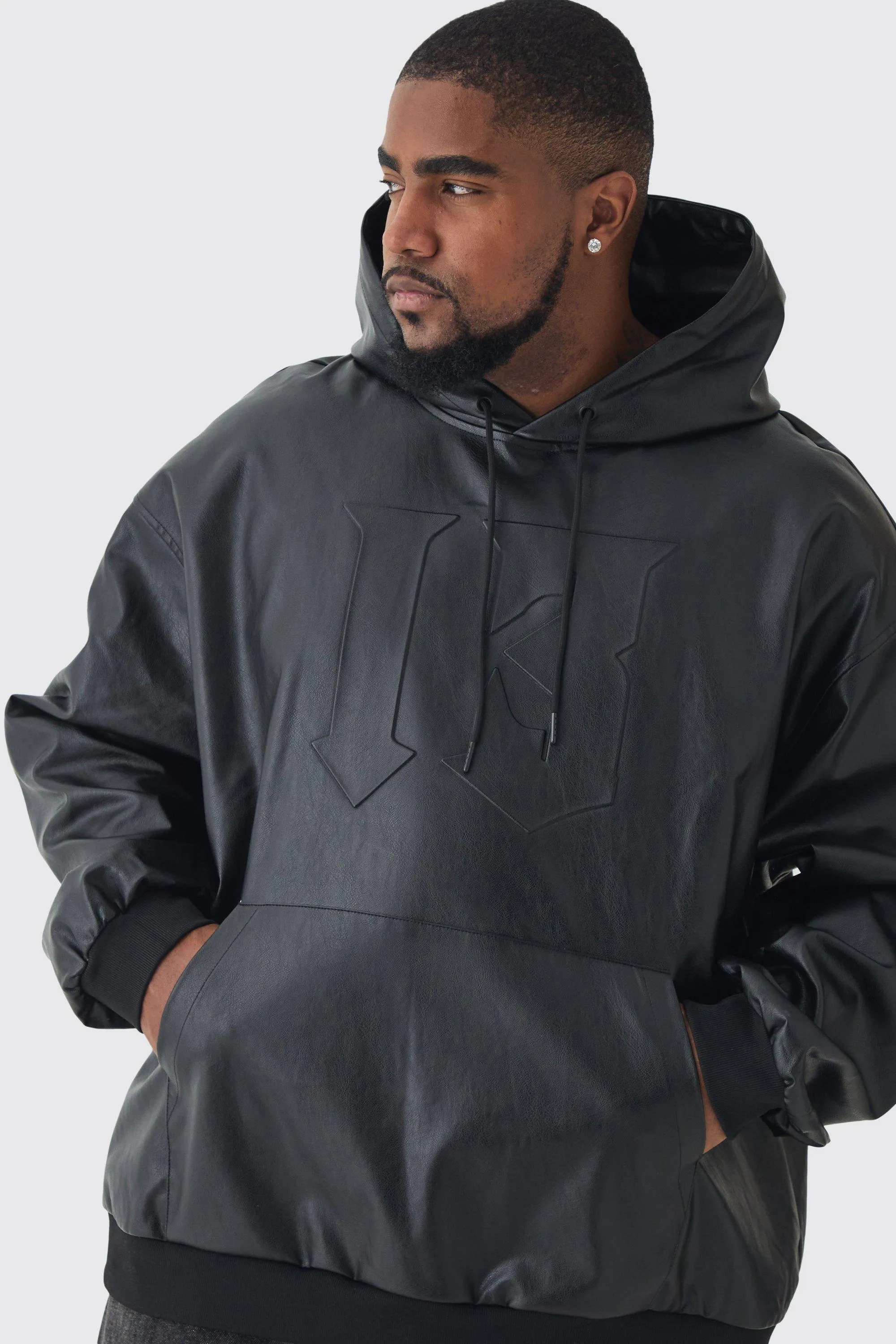 Plus Oversized PU Drop Shoulder Embossed Hoodie